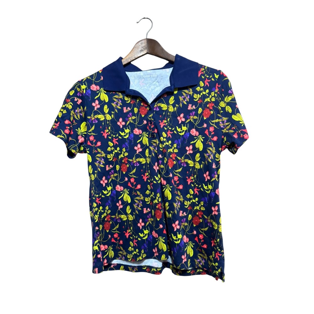 Lands End Polo Shirt Womens M Navy Blue Excellent Floral Short Sleeve Cotton